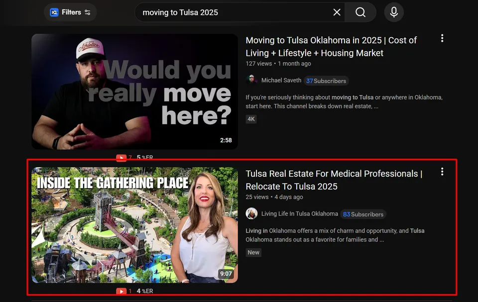 Jessica Ford ranking on YouTube for keyword, "Moving to Tulsa 2025."