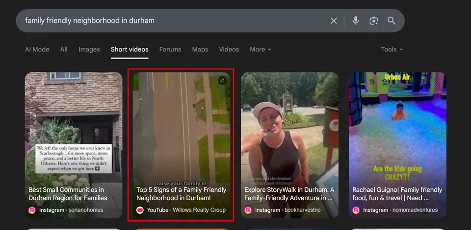 Willows Realty ranking in Google for “family friendly neighborhood in Durham”👇